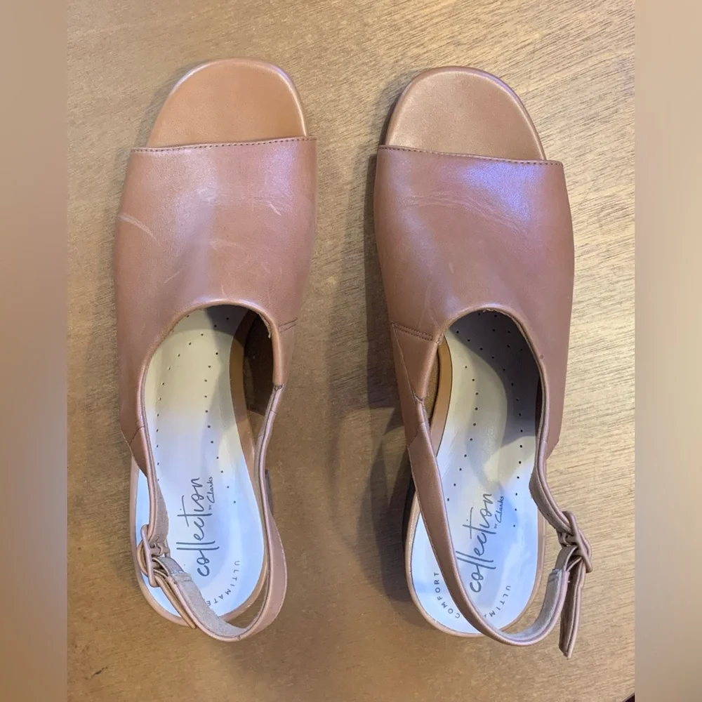 Clarks Tan Brown Leather Sandals with Block Heel - Picture 2 of 7